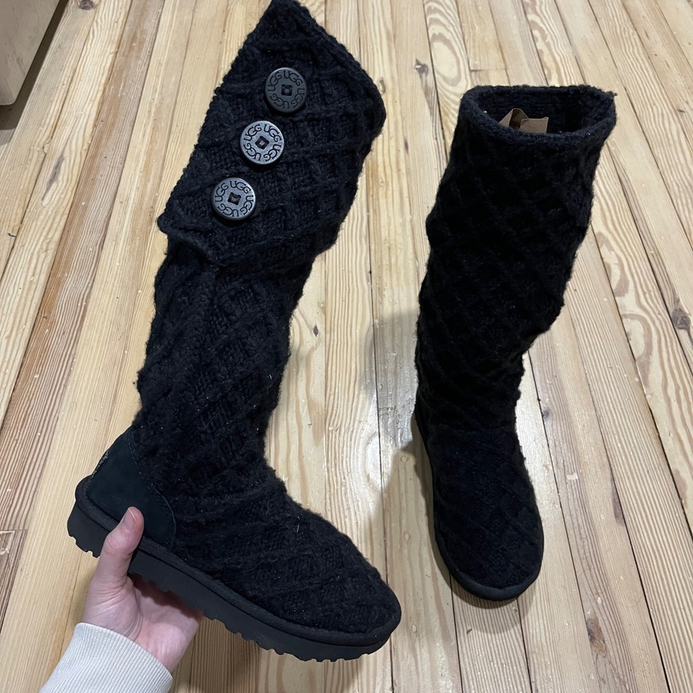 UGG Lattice Cardy Boot Kids Size 6 Black Knit Tall Three Button 1016557 winter